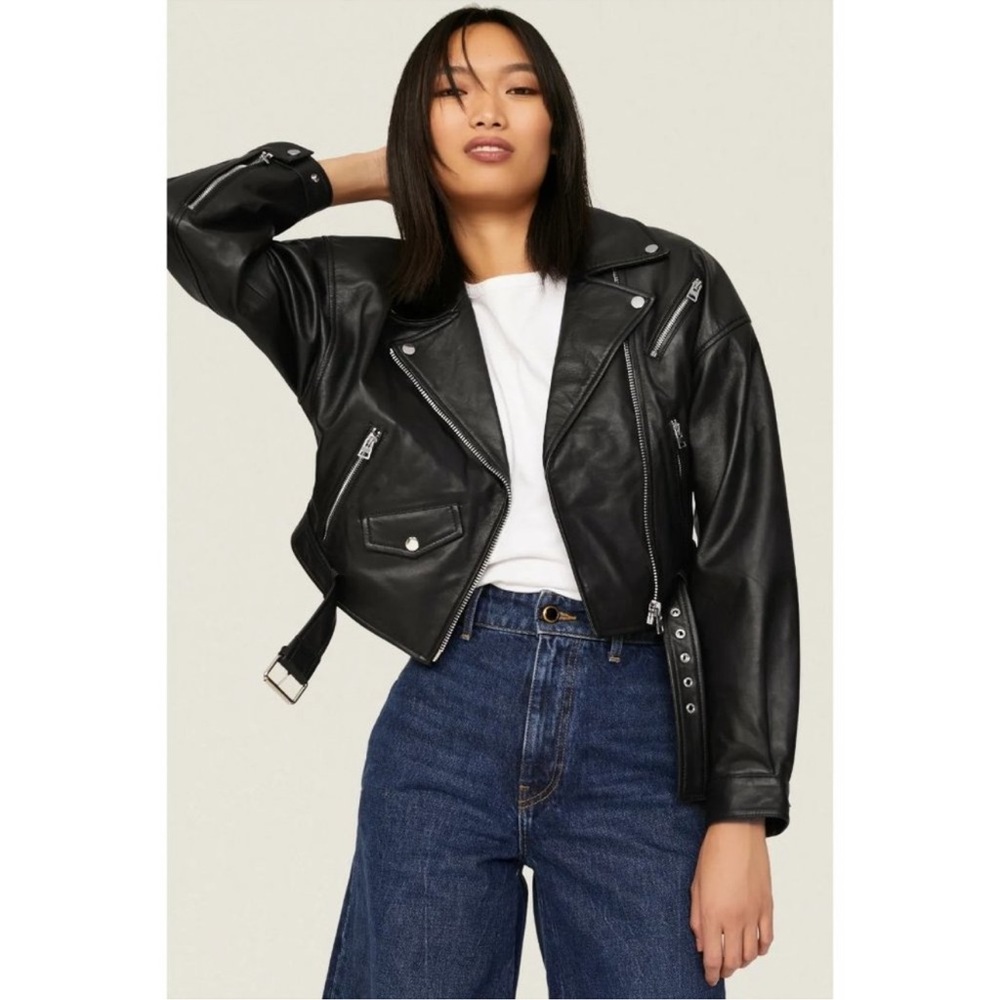 Slate & Willow Cropped Moto Biker Leather Jacket Black Womens XL